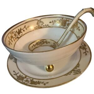 Antique Nippon Hand-Painted Gravy Boat Set w/ Ladle & Underplate